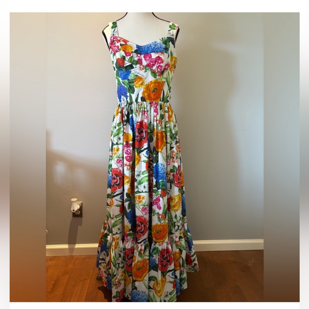 Dolce & Gabbana White Floral Maxi Dress with Multicolor Blooms